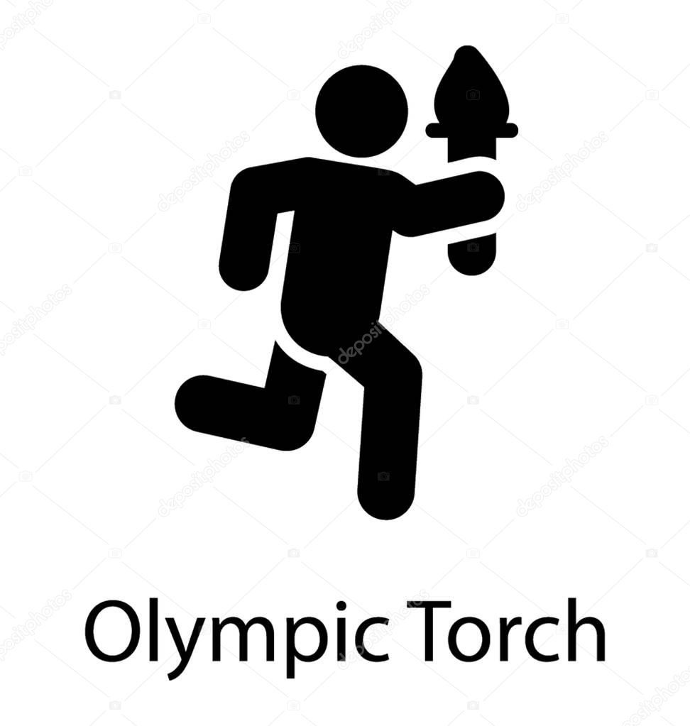 Man holding a flamed stick in a running gesture, pictograph for Olympics torch 