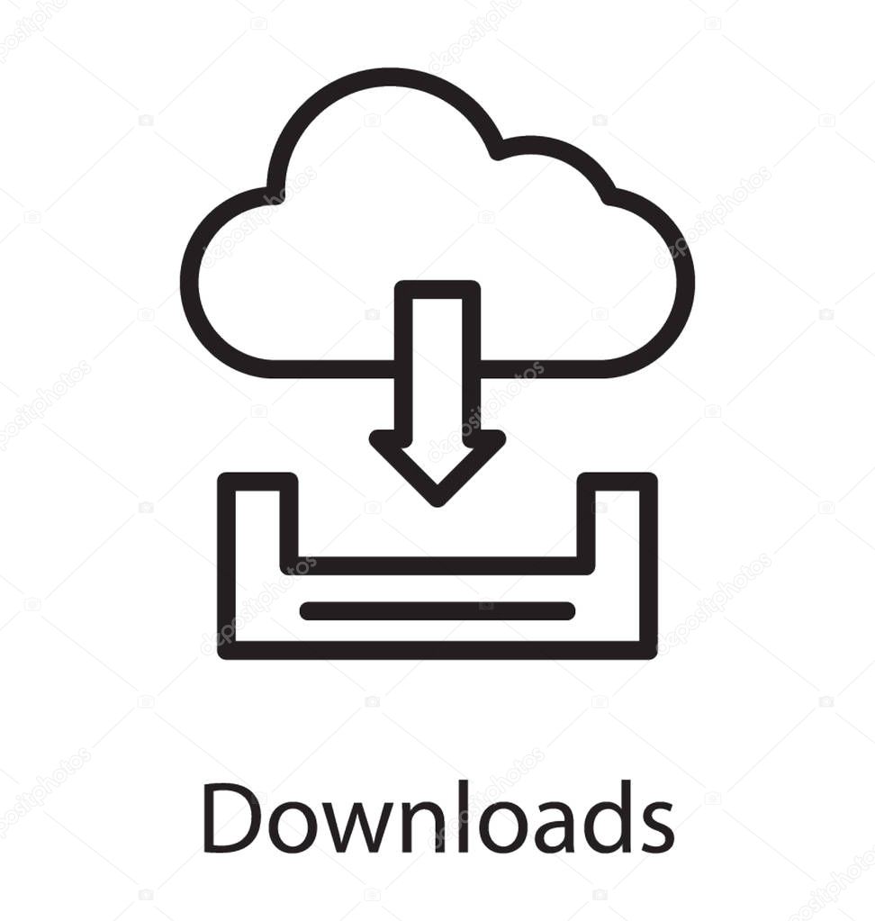 An arrow pointing downwardly to a cloud, icon for downloads 