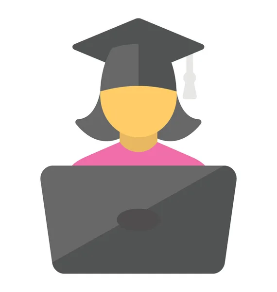 Harç Şapkası Online Öğrenci Tasvir Laptop Önünde Oturan Bir Kız — Stok Vektör