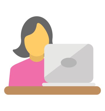 Bir açılan dizüstü karakteristik bilgisayar görevlisi önünde bir kadın avatar 