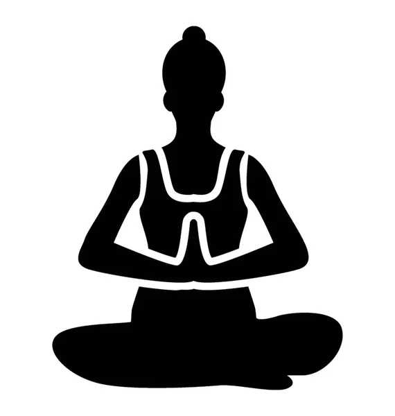 一位女士坐在莲花瑜伽姿势下的图标描绘妇女瑜伽 — 图库矢量图片