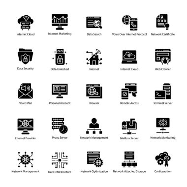 Bilgisayar ve ağlar glif vektörler kümesi 