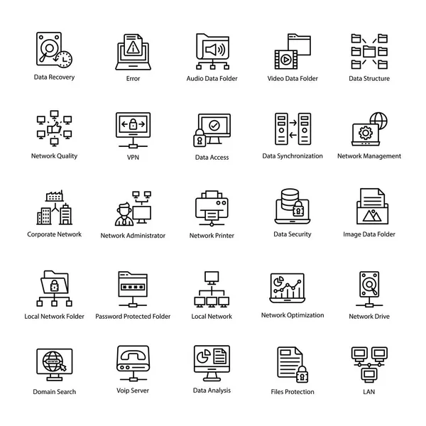 Icônes Ligne Informatique Réseaux — Image vectorielle