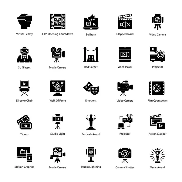 Videoproductie Glyph Pictogrammen — Stockvector