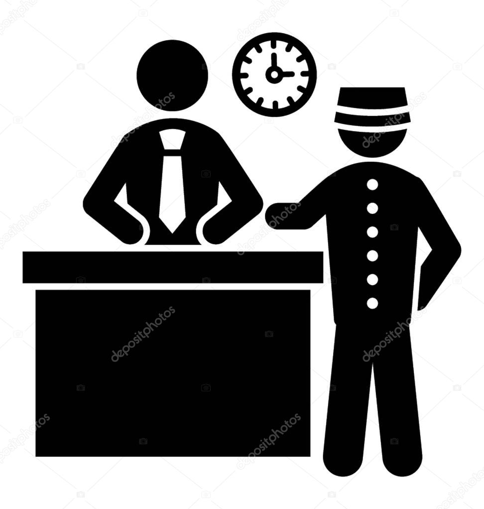 Icon of bellboy standing on reception with manager discussing something depicting reception desk