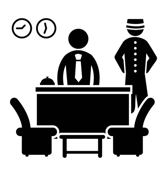 一个穿着正式礼服的人和一个服务生站在右边 描绘酒店经理办公桌 — 图库矢量图片