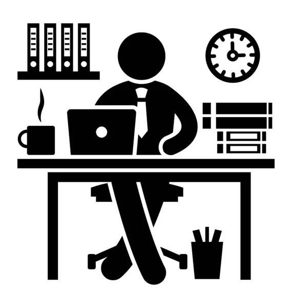 Офісний Працівник Сидить Своєму Офісному Столі Ноутбуком Найкраща Іконка Опису — стоковий вектор