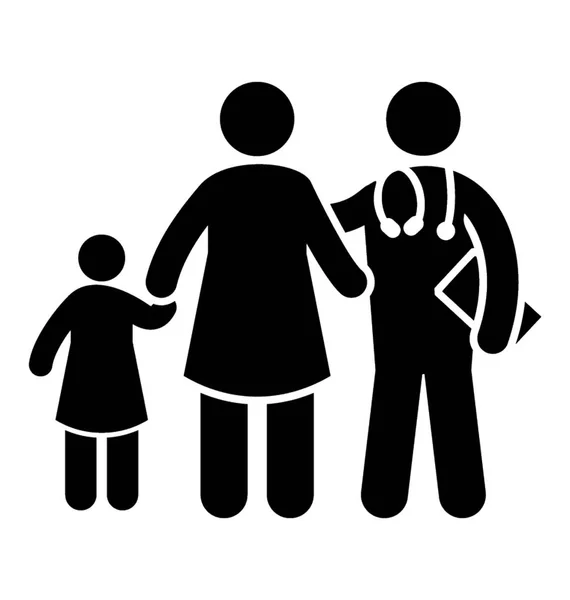 Médico Haciendo Gesto Hacia Una Familia Que Tiene Hijos Padres — Archivo Imágenes Vectoriales