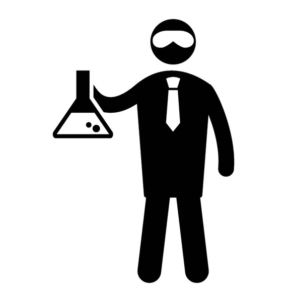 一个人戴着实验室的眼镜 拿着烧瓶与他的表征科学家 — 图库矢量图片