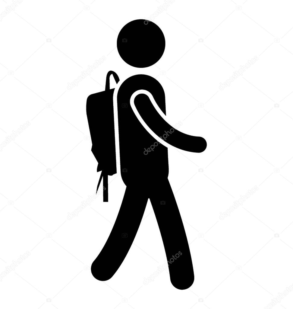 Person wearing backpack and walking, graphing icon for going school icon