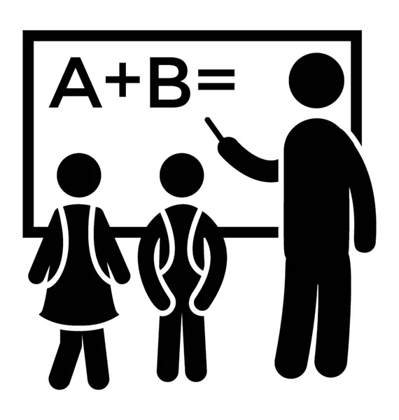 Profesor Con Dos Estudiantes Haciéndolos Escribir Bordo Con Expresiones Matemáticas — Archivo Imágenes Vectoriales