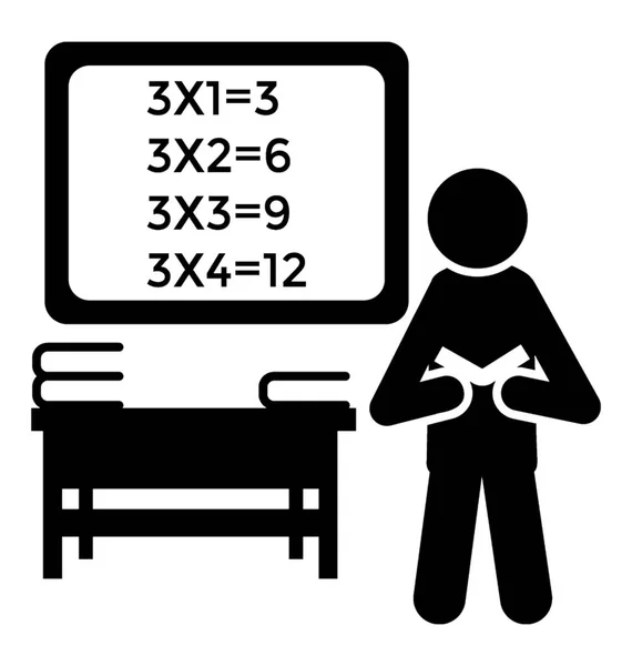 テーブルの近くの人間のアバター立って 手に本 数学レッスン アイコンを啓発的な数学の図形を持つボード — ストックベクタ