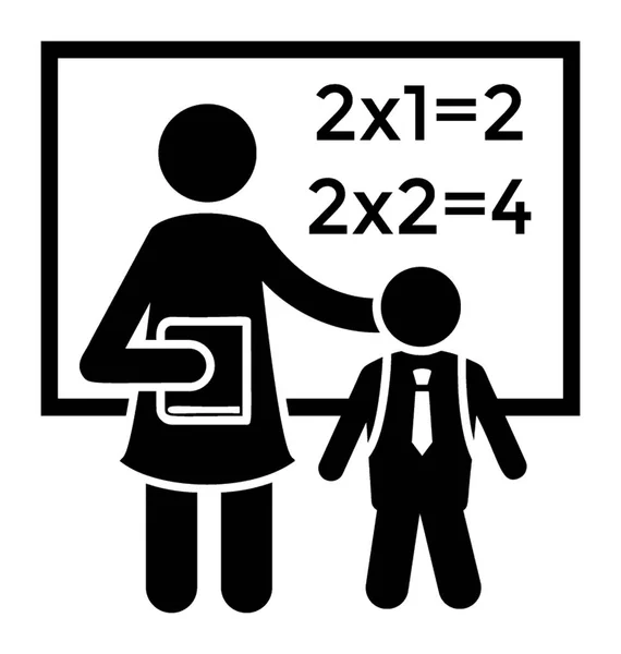 Profesor Enseñando Pequeño Alumno Delante Una Pizarra Con Expresión Multiplicada — Archivo Imágenes Vectoriales