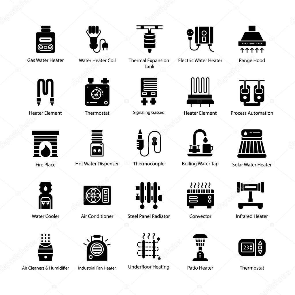 Heating System Glyph Vector Icons 