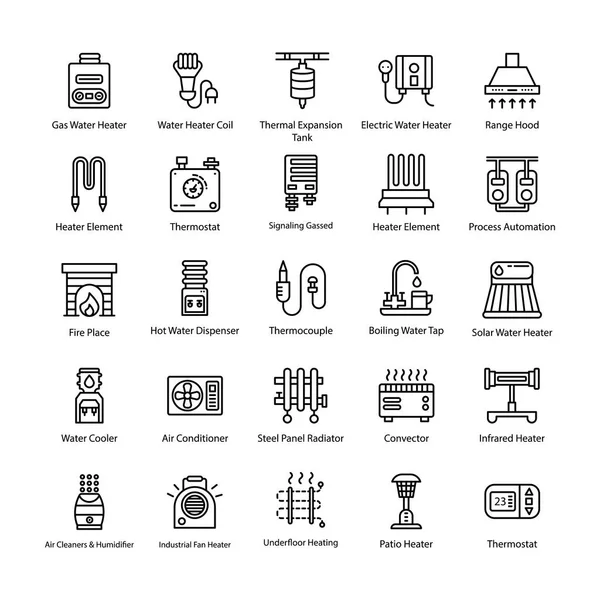 Isıtma sistemi çizgi vektör simgeler 