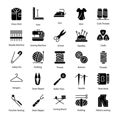 Dikiş ve iğne işi glif simgeler paketi 
