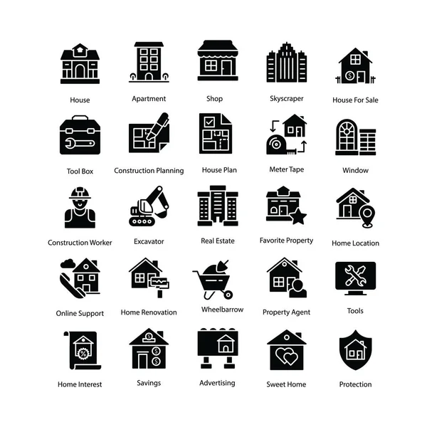 Conjunto Iconos Glifos Inmobiliarios — Vector de stock