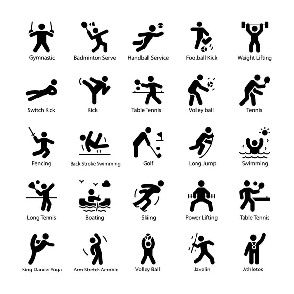 Atleta Olimpiadi Glyph Vector Icons Set — Vettoriale Stock