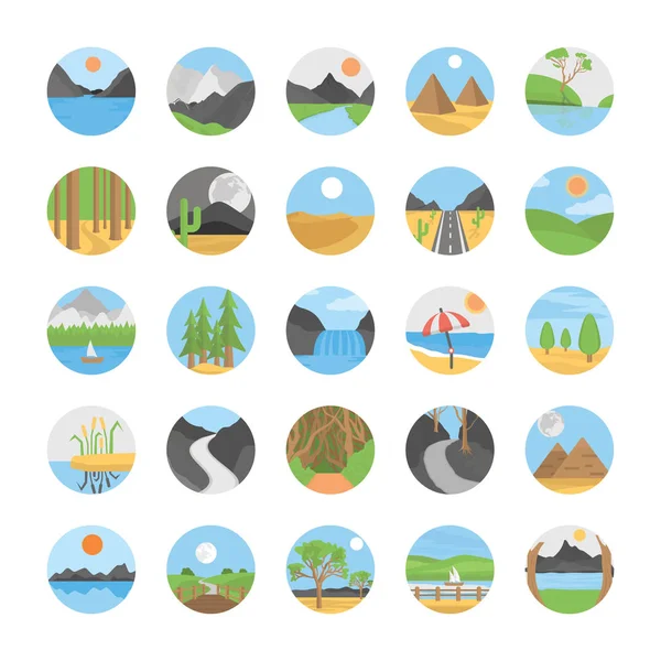 Paisajes Naturales Iconos Vectores Planos — Vector de stock