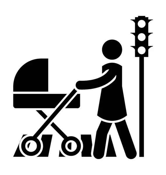 Una Dama Sosteniendo Cochecito Bebé Caminando Través Señales Cruzando Icono — Archivo Imágenes Vectoriales
