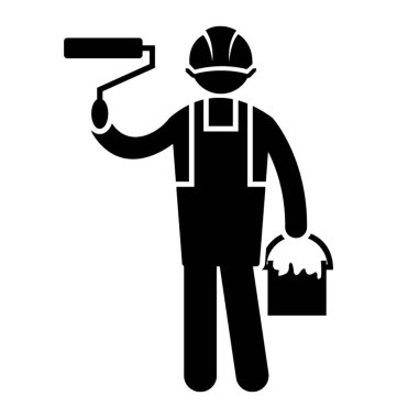 Ressam holding boya silindiri ve boya kovası 