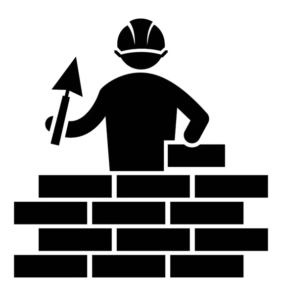 Silueta de albañil detrás de pared de ladrillo — Vector de stock