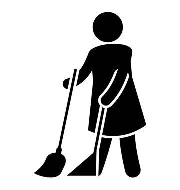 İnsan avatar holding süpürge ve ayakta olduğunu simgesi brooming kavramı 