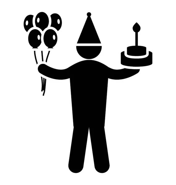 ケーキと風船の束を抱きかかえたサプライズ パーティーのシンボルであります — ストックベクタ