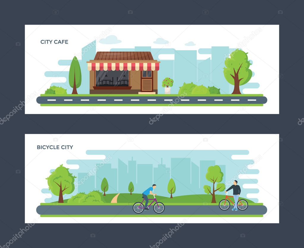City Cafe and Bicycle City Flat Illustrations 