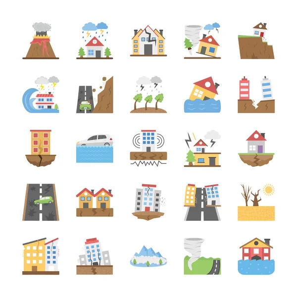 Desastres Naturales Paquete Iconos Planos — Vector de stock