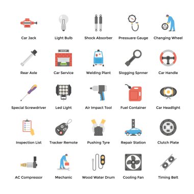 Otomobil parçaları ve onarım araba hizmetleri düz Icons Set