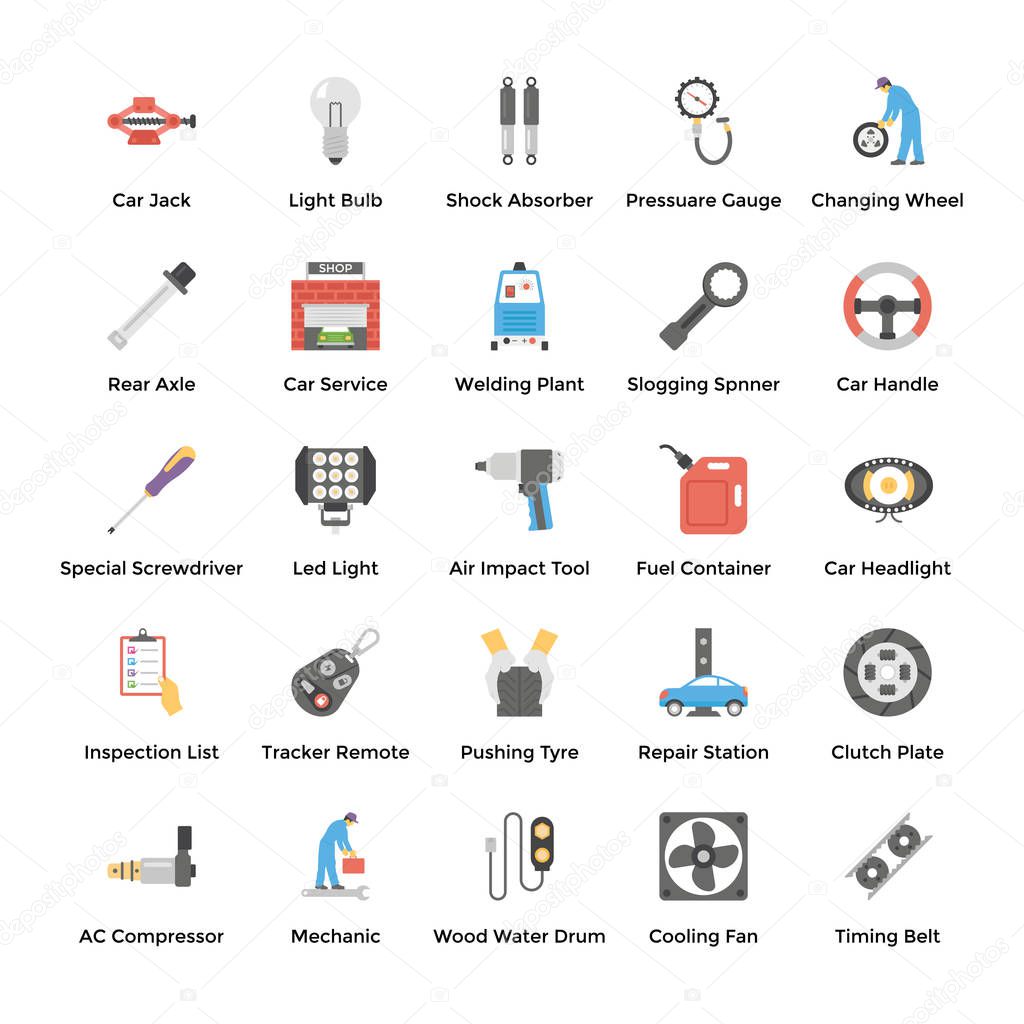 Automobile Parts and Repair Car Services Flat Icons Set