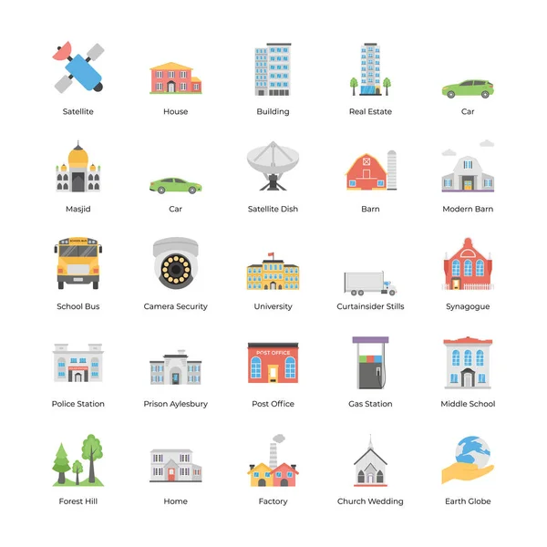 Mapa Ciudad Conjunto Iconos Planos — Archivo Imágenes Vectoriales