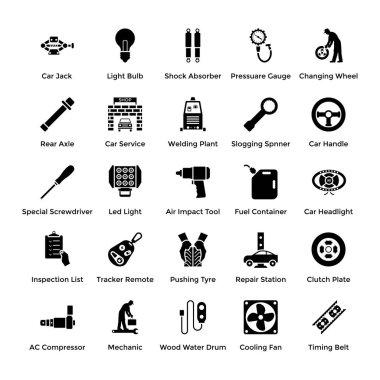Otomobil parçaları ve onarım araba Hizmetleri katı Icons Set