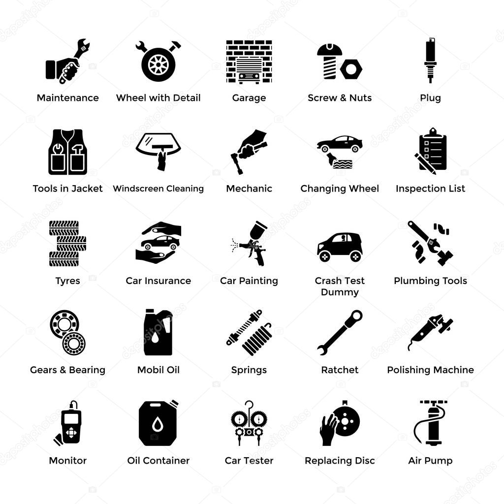 Automobile Parts and Repair Car Services Solid Icons 