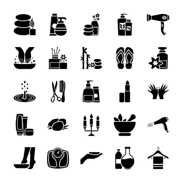 Spa Masajes Tratamiento Iconos Sólidos Belleza — Vector de stock