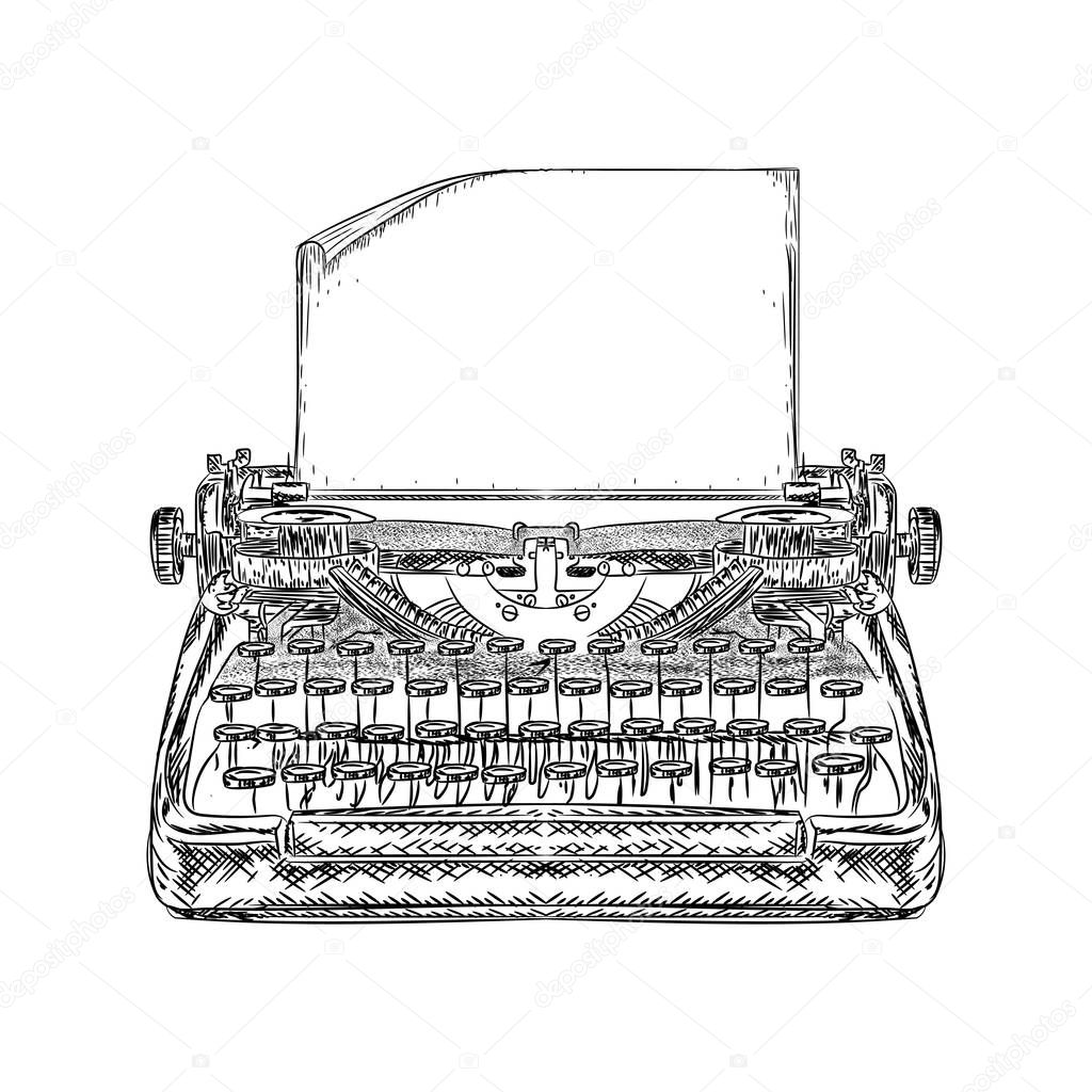 Vintage typewriter, hand drawn sketch illustration 
