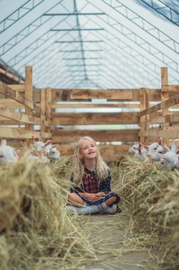 smiling kid sitting on ground near goats at farm and looking away clipart