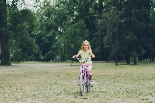 Smiling Kid Riding Bicycle Summer Park Stock Photo