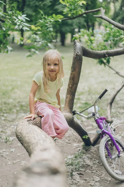 Focalizarea Selectivă Copilului Mic Așezat Ramura Copacului Parc fotografii de stoc fără drepturi de autor