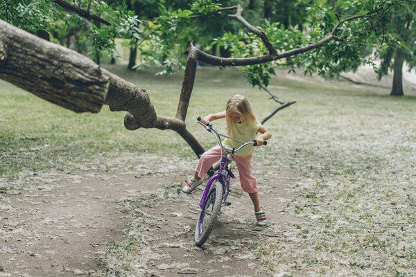 Enfant Avec Vélo Debout Près Branche Arbre Dans Parc Photos De Stock Libres De Droits