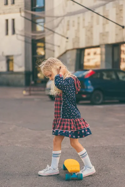 Side View Little Adorable Child Riding Skateboard Urban Street — Free Stock Photo