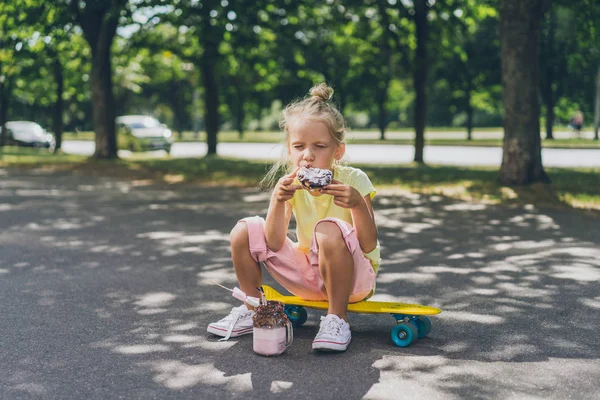 Selective Focus Little Child Closed Eyes Eating Doughnut Dessert While — Stock Photo, Image