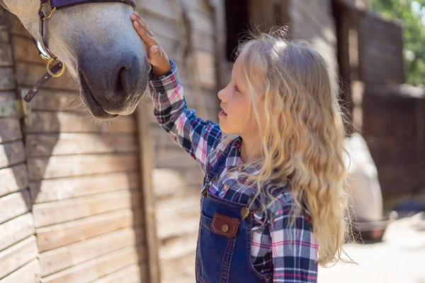 Vista laterale del bambino che tocca il cavallo bianco in fattoria — Foto stock