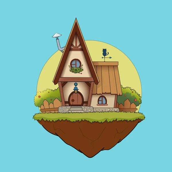 Pequena Casa Ensolarada Colorido Cartoon Flutuar Ilha Manhã — Vetor de Stock