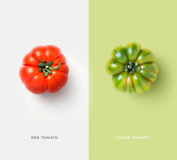 独创的以冥想为主题的食物 饮食概念 有孤立的红 绿西红柿 极简色彩的图形布局或背景 — 图库照片