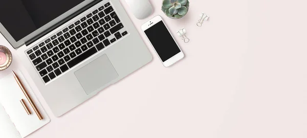 Bright Feminine Banner Header Stylish Workspace Laptop Computer Smartphone Modern — Stock Photo, Image