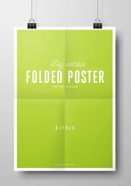 折り畳まれたポスターベクトルは 紙クリップでモックアップをEps 壁の前にぶら下がっているポスターの完全に編集可能なテンプレート 二つ折り — ストックベクタ