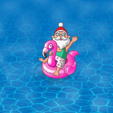 Yaz illüstrasyon - Noel Baba ile Flamingo şişme float yelken deniz kenarında