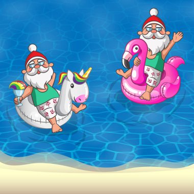 Flamingo ve tek boynuzlu at şişme float önünde kumsal - yaz tatili ile Noel Baba ayarla